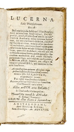  Harprecht Johann : Lucerna salis philosophorum. Hoc est: Delineatio nuda desiderati illius principi tertii mineralium Sendivogiani, sive salis pontici, quod est subiectum omnis mirabilitatis. Alchimia, Occultismo  Iosaphat Fridericus Heutnortton  - Auction Books, Autographs and Manuscripts - Libreria Antiquaria Gonnelli - Casa d'Aste - Gonnelli Casa d'Aste