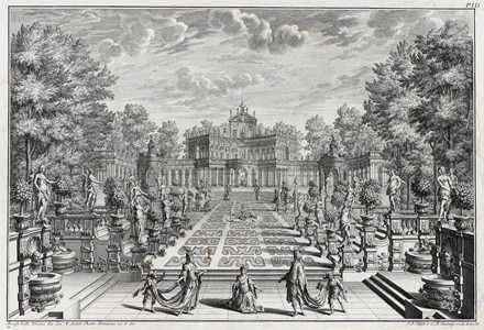  Giuseppe Galli Bibiena  (Parma, 1696 - Berlino, 1757) [da] : Allestimento per opera teatrale in giardino di delizie / Scena della Festa Teatrale in occasione delli Sponsali del Principe Reale di Polonia ed elettorale di Sassonia./  - Auction Arte Antica, Moderna e Contemporanea [parte I] - Libreria Antiquaria Gonnelli - Casa d'Aste - Gonnelli Casa d'Aste