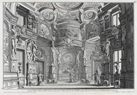  Giuseppe Galli Bibiena  (Parma, 1696 - Berlino, 1757) [da] : Allestimento per opera teatrale in giardino di delizie / Scena della Festa Teatrale in occasione delli Sponsali del Principe Reale di Polonia ed elettorale di Sassonia./  - Auction Arte Antica, Moderna e Contemporanea [parte I] - Libreria Antiquaria Gonnelli - Casa d'Aste - Gonnelli Casa d'Aste