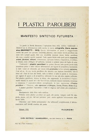  Rognoni Angelo : I plastici paroliberi. Manifesto sintetico futurista. Futurismo, Arte  - Auction Books, Autographs and Manuscripts - Libreria Antiquaria Gonnelli - Casa d'Aste - Gonnelli Casa d'Aste