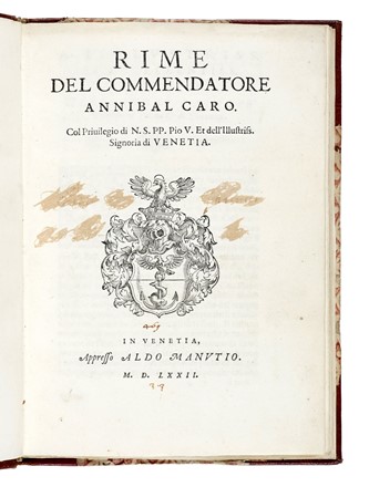  Caro Annibale : Rime del commendatore Annibal Caro. Letteratura italiana, Aldina, Letteratura, Collezionismo e Bibliografia  - Auction Books, Autographs and Manuscripts - Libreria Antiquaria Gonnelli - Casa d'Aste - Gonnelli Casa d'Aste