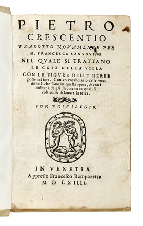  Crescenzi Pietro (de) : Pietro Crescentio tradotto nouamente per M. Francesco Sansouino nel quale si trattano le cose della villa con le figure delle herbe poste nel fine.  - Asta Libri, autografi e manoscritti - Libreria Antiquaria Gonnelli - Casa d'Aste - Gonnelli Casa d'Aste
