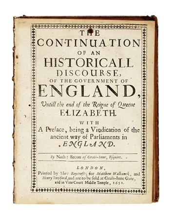  Bacon Nathaniel : An historicall discourse of the uniformity of the government of England... Storia, Storia, Diritto e Politica  - Auction Books, Autographs and Manuscripts - Libreria Antiquaria Gonnelli - Casa d'Aste - Gonnelli Casa d'Aste
