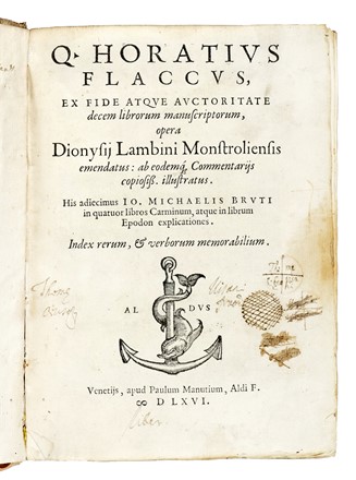  Horatius Flaccus Quintus : Q. Horatius Flaccus, ex fide atque auctoritate decem librorum manuscriptorum, opera Dionysii Lambini Monstroliensis emendatus... Letteratura, Aldina, Collezionismo e Bibliografia  - Auction Books, Autographs and Manuscripts - Libreria Antiquaria Gonnelli - Casa d'Aste - Gonnelli Casa d'Aste