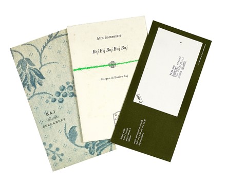  Enrico Baj  (Milano, 1924 - Vergiate, 2003) : Lotto composto di 26 tra inviti, fotografie, cartoline postali, manifesti, locandine, cataloghi illustrati e libri d'artista concernenti l'artista Enrico Baj.  Lucio Fontana  (Rosario, 1899 - Comabbio, 1968), Roberto Crippa  (Monza, 1921 - Bresso, 1972), Jorn Asger  (Vejrum (Danimarca), 1914 - Aarhus (Danimarca), 1973), Daniel Spoerri  (Galati, 1930)  - Auction Arte Antica, Moderna e Contemporanea [parte II] - Libreria Antiquaria Gonnelli - Casa d'Aste - Gonnelli Casa d'Aste