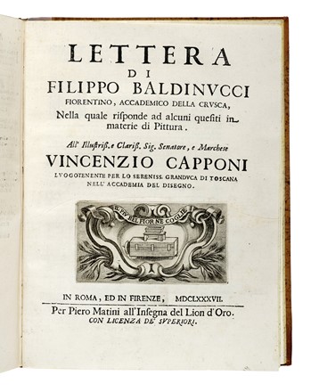  Baldinucci Filippo : Cominciamento, e progresso dell'arte dell'intagliare in rame, colle vite di molti de' pi� eccellenti maestri della stessa professione... Arte, Pittura, Incisione, Arte, Arte  - Auction Books, Autographs and Manuscripts - Libreria Antiquaria Gonnelli - Casa d'Aste - Gonnelli Casa d'Aste
