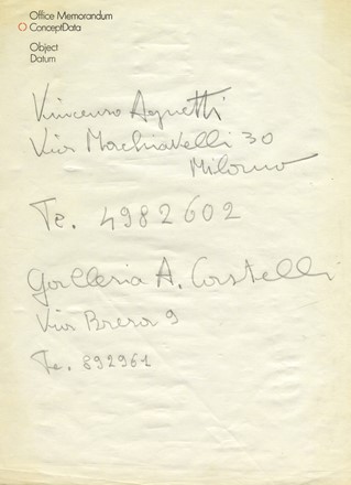  Vincenzo Agnetti  (Milano, 1926 - 1981) : Lotto composto di 1 disegno, 1 foglio di annotazioni dell'artista e 1 invito.  - Asta Arte Antica, Moderna e Contemporanea - Libreria Antiquaria Gonnelli - Casa d'Aste - Gonnelli Casa d'Aste