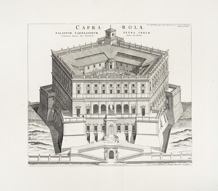  Johannes Blaeu  (Alkmaar, 1596 - Amsterdam, 1673), Pierre Mortier  (Leida,, 1661 - Amsterdam,, 1711) : Caprarola Palatium Farnesiorum extra Urbem / Facies Caprarolae interna / Ichnographia Generalis Palatii Farnesiorum Caprarola dicti, XXI ab Urbe Lapide.  - Auction Old Masters, Modern and Contemporary Art - Libreria Antiquaria Gonnelli - Casa d'Aste - Gonnelli Casa d'Aste