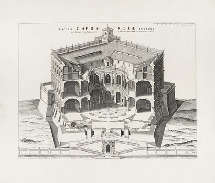  Johannes Blaeu  (Alkmaar, 1596 - Amsterdam, 1673), Pierre Mortier  (Leida,, 1661 - Amsterdam,, 1711) : Caprarola Palatium Farnesiorum extra Urbem / Facies Caprarolae interna / Ichnographia Generalis Palatii Farnesiorum Caprarola dicti, XXI ab Urbe Lapide.  - Auction Old Masters, Modern and Contemporary Art - Libreria Antiquaria Gonnelli - Casa d'Aste - Gonnelli Casa d'Aste