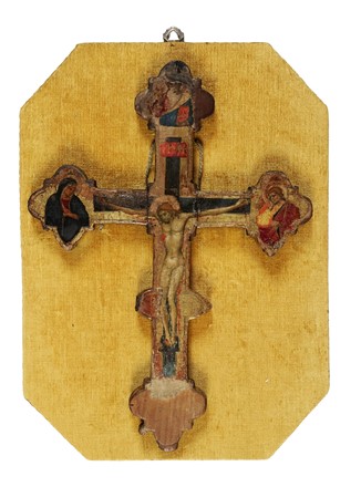  Maestro della Misericordia dell?Accademia  (pittore attivo a Firenze  nel terzo quarto del Trecento, ) : Cristo crocifisso tra la Madonna, san Giovanni evangelista e il redentore benedicente (recto) / Cristo crocifisso tra due evangelisti, il redentore benedicente e san Giovanni Battista (verso).  - Auction Old Masters, Modern and Contemporary Art - Libreria Antiquaria Gonnelli - Casa d'Aste - Gonnelli Casa d'Aste