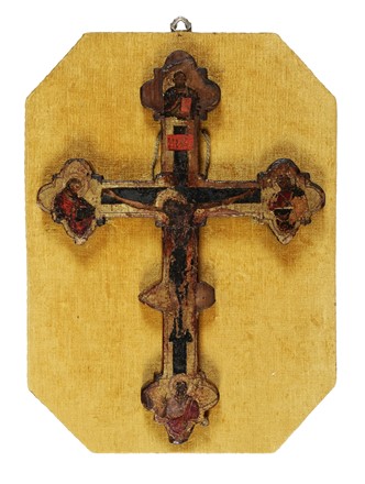  Maestro della Misericordia dell?Accademia  (pittore attivo a Firenze  nel terzo quarto del Trecento, ) : Cristo crocifisso tra la Madonna, san Giovanni evangelista e il redentore benedicente (recto) / Cristo crocifisso tra due evangelisti, il redentore benedicente e san Giovanni Battista (verso).  - Auction Old Masters, Modern and Contemporary Art - Libreria Antiquaria Gonnelli - Casa d'Aste - Gonnelli Casa d'Aste
