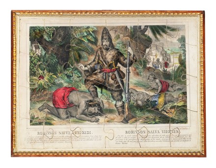  Becquet  Fr�res (Imprimeur � Paris entre les ann�es 1850 et 1880) : Robinson d�livre un capitaine de vaisseau - Robinson salva un capitan de navio / Robinson sauve Vendredi - Robinson salva Viernes.  - Asta Asta di beneficenza. Dalla collezione di Franco Lucini. - Libreria Antiquaria Gonnelli - Casa d'Aste - Gonnelli Casa d'Aste