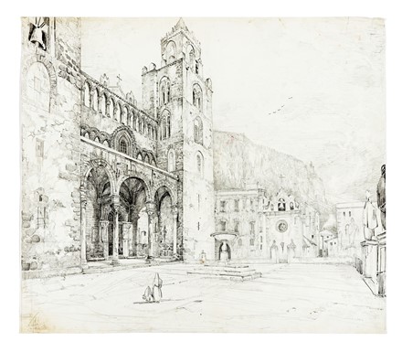  Friedrich August Elsasser  (Berlino, 1810 - Roma, 1845) : Veduta del duomo di Cefal� / veduta di Palmi o Scilla / Veduta lacustre.  - Auction Old Masters, Modern and Contemporary Art - Libreria Antiquaria Gonnelli - Casa d'Aste - Gonnelli Casa d'Aste
