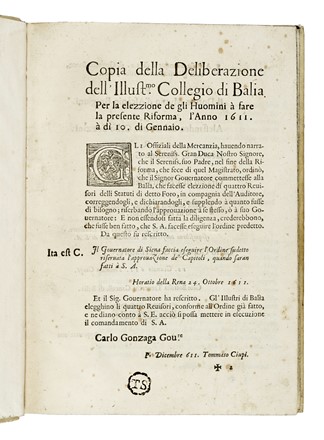 Raccolta di documenti a stampa e manoscritti (in copia dell'epoca) relativi al Collegio di Balia di Siena. Storia locale, Storia, Diritto e Politica  - Auction Books, Autographs and Manuscripts - Libreria Antiquaria Gonnelli - Casa d'Aste - Gonnelli Casa d'Aste