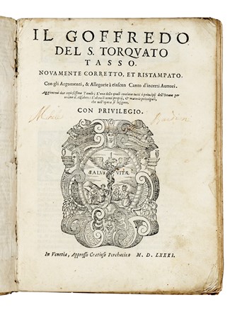  Tasso Torquato : Il Goffredo [...] novamente corretto, et ristampato. Letteratura classica, Letteratura  - Auction Libri, Autografi e Manoscritti - Libreria Antiquaria Gonnelli - Casa d'Aste - Gonnelli Casa d'Aste