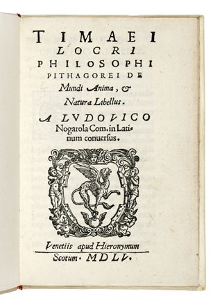  Timaeus Locrus : De Mundi Anima, et Natura Libellus... Scienze tecniche e matematiche, Filosofia  - Auction Books, Autographs and Manuscripts - Libreria Antiquaria Gonnelli - Casa d'Aste - Gonnelli Casa d'Aste