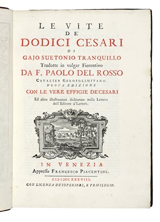  Suetonius Tranquillus Gaius : Le vite de' Dodici Cesari [...] Tradotte in volgar Fiorentino da F. Paolo del Rosso [...] con le vere effigie de' Cesari... Biografia, Letteratura classica, Storia, Figurato, Storia, Diritto e Politica, Letteratura, Storia, Diritto e Politica, Collezionismo e Bibliografia  Paolo Del Rosso, John Baptist Jackson  (1701), Hubert Goltz  (1526 - 1583)  - Auction Books, Autographs and Manuscripts - Libreria Antiquaria Gonnelli - Casa d'Aste - Gonnelli Casa d'Aste