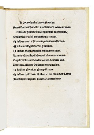  Sabellico Marco Antonio : In hoc volumine hec continentur. Marci Antonii Sabellici annotationes veteres et recentes: ex Plinio: Livio: & pluribus authoribus. Philippi Beroaldi annotationes centum [...] Ioannis Baptiste pii Bononiensis annotationes...  Filippo Beroaldo, Angelo Poliziano, Giovanni Battista Pio  - Asta Libri, autografi e manoscritti - Libreria Antiquaria Gonnelli - Casa d'Aste - Gonnelli Casa d'Aste