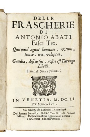  Abati Antonio : Delle frascherie di Antonio Abati... Letteratura  - Auction Libri, Autografi e Manoscritti - Libreria Antiquaria Gonnelli - Casa d'Aste - Gonnelli Casa d'Aste
