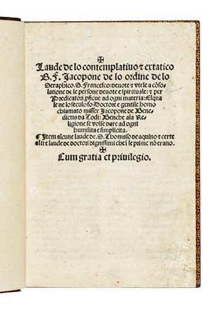  da Todi Iacopone : Laude de lo contemplativo & extatico b. f. Jacopone [...] Item alcune laude de s. Thomaso de aquino... Letteratura italiana, Religione, Figurato, Letteratura, Collezionismo e Bibliografia  - Auction Books, Autographs and Manuscripts - Libreria Antiquaria Gonnelli - Casa d'Aste - Gonnelli Casa d'Aste
