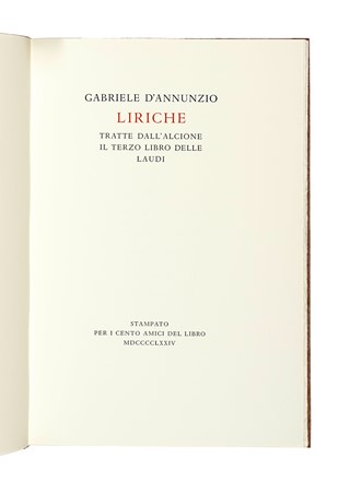  D'Annunzio Gabriele : Liriche. Tratte dall'Alcione il terzo libro delle Laudi.  Riccardo Tommasi Ferroni  (Pietrasanta, 1934 - Pieve di Camaiore, 2000)  - Asta Libri, autografi e manoscritti - Libreria Antiquaria Gonnelli - Casa d'Aste - Gonnelli Casa d'Aste