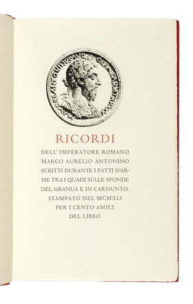  Croatto Bruno : Ricordi dell'imperatore romano Marco Aurelio Antonino, scritti durante i fatti d'arme tra i Quadi sulle sponde del Granua e il Carnunto. Libro d'Artista, Bodoni, Mardersteig, Letteratura classica, Collezionismo e Bibliografia, Collezionismo e Bibliografia, Collezionismo e Bibliografia, Letteratura  - Auction Books, Autographs and Manuscripts - Libreria Antiquaria Gonnelli - Casa d'Aste - Gonnelli Casa d'Aste