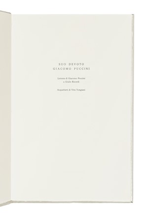  Puccini Giacomo : Suo devoto Giacomo Puccini [...]. Acqueforti di Vito Tongiani. Libro d'Artista, Musica, Collezionismo e Bibliografia, Musica, Teatro, Spettacolo  Vito Tongiani  - Auction Books, Autographs and Manuscripts - Libreria Antiquaria Gonnelli - Casa d'Aste - Gonnelli Casa d'Aste
