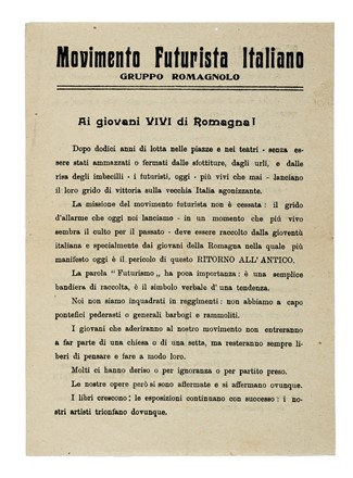  Cervantes Vittoria [e altri] : Ai giovani VIVI di Romagna! Futurismo, Arte  Mario Hyerace, Tito Testoni  - Auction Books, Autographs and Manuscripts - Libreria Antiquaria Gonnelli - Casa d'Aste - Gonnelli Casa d'Aste