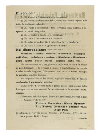 Cervantes Vittoria [e altri] : Ai giovani VIVI di Romagna! Futurismo, Arte  Mario Hyerace, Tito Testoni  - Auction Books, Autographs and Manuscripts - Libreria Antiquaria Gonnelli - Casa d'Aste - Gonnelli Casa d'Aste