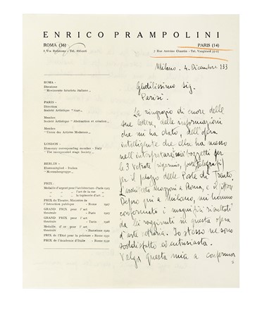 Prampolini Enrico : Lettera autografa firmata inviata a [Giuseppe] Parisi. Arte  - Auction Books, Autographs and Manuscripts - Libreria Antiquaria Gonnelli - Casa d'Aste - Gonnelli Casa d'Aste