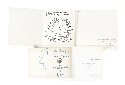  Castellani Enrico [e altri] : Lotto di 4 cataloghi con dedica autografa di Castellani, Baj, Sassu e Bonalumi.  Agostino Bonalumi  (Vimercate, 1935 - Desio, 2013), Enrico Baj  (Milano, 1924 - Vergiate, 2003), Aligi Sassu  (Milano, 1912 - Pollen�a, 2000), Umberto Eco, Ugo Mulas  (Pozzolengo, 1928 - Milano, 1973), AG Fronzoni [pseud. di Angiolo Giuseppe Fronzoni]  (Pistoia, 1923 - Milano, 2002)  - Asta Libri, autografi e manoscritti - Libreria Antiquaria Gonnelli - Casa d'Aste - Gonnelli Casa d'Aste