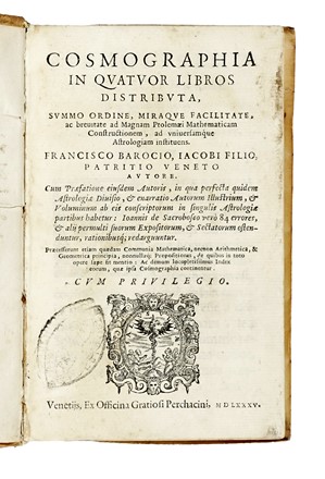  Barozzi Francesco : Cosmographia in quatuor libros distributa... Astronomia, Astrologia, Scienze tecniche e matematiche, Occultismo  - Auction Books, Autographs and Manuscripts - Libreria Antiquaria Gonnelli - Casa d'Aste - Gonnelli Casa d'Aste