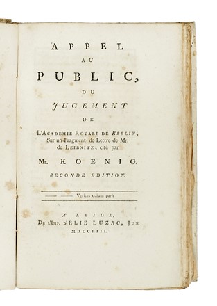  Voltaire Fran�ois-Marie Arouet (de), Leibniz Gottfried Wilhelm von, Maupertuis Pierre Louis : Maupertuisiana. Aritmetica, Scienze tecniche e matematiche, Scienze tecniche e matematiche  Leonhard Euler  - Auction Books, Autographs and Manuscripts - Libreria Antiquaria Gonnelli - Casa d'Aste - Gonnelli Casa d'Aste