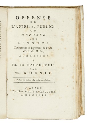  Voltaire Fran�ois-Marie Arouet (de), Leibniz Gottfried Wilhelm von, Maupertuis Pierre Louis : Maupertuisiana. Aritmetica, Scienze tecniche e matematiche, Scienze tecniche e matematiche  Leonhard Euler  - Auction Books, Autographs and Manuscripts - Libreria Antiquaria Gonnelli - Casa d'Aste - Gonnelli Casa d'Aste
