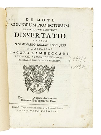  Boscovich Ruggiero Giuseppe : De motu corporum projectorum in spatio non resistente... Scienze tecniche e matematiche, Fisica, Scienze tecniche e matematiche  - Auction Books, Autographs and Manuscripts - Libreria Antiquaria Gonnelli - Casa d'Aste - Gonnelli Casa d'Aste
