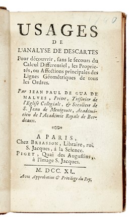  Gua de Malves Jean Paul (de) : Usages de l'Analyse de Descartes... Scienze tecniche e matematiche  - Auction Books, Autographs and Manuscripts - Libreria Antiquaria Gonnelli - Casa d'Aste - Gonnelli Casa d'Aste