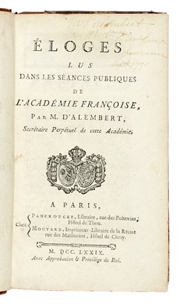  Alembert Jean Le Rond (d') : Eloges lus dans les s�ances publiques de l'Acad�mie fran�oise... Biografia, Letteratura, Storia, Diritto e Politica  - Auction Books, Autographs and Manuscripts - Libreria Antiquaria Gonnelli - Casa d'Aste - Gonnelli Casa d'Aste