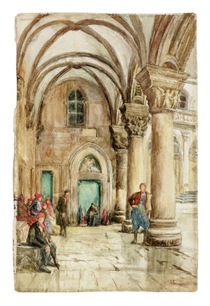  Giacomo Favretto  (Venezia, 1849 - 1887) [attribuito a] : Studio di porticato.  - Asta Arte Antica, Moderna e Contemporanea [parte II] - Libreria Antiquaria Gonnelli - Casa d'Aste - Gonnelli Casa d'Aste