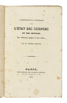  Germain Sophie : Considerations gen�rales sur l'�tat des sciences... Scienze tecniche e matematiche  - Auction Books, Autographs and Manuscripts - Libreria Antiquaria Gonnelli - Casa d'Aste - Gonnelli Casa d'Aste