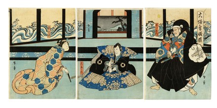  Isshusai Kunikazu  (Osaka, 1830 - 1919) : Gli attori Arashi Rikan III nel ruolo di Hanazono (a sinistra), Ichikawa Ebiz� V nel ruolo di Tar�zaemon (a destra) e Ichikawa Ebij�r� IV nel ruolo di Umanokami (al centro), nel dramma �t� no Miya Asahi no Yoroi.  - Auction Arte Antica, Moderna e Contemporanea [parte I] - Libreria Antiquaria Gonnelli - Casa d'Aste - Gonnelli Casa d'Aste