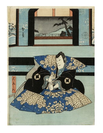  Isshusai Kunikazu  (Osaka, 1830 - 1919) : Gli attori Arashi Rikan III nel ruolo di Hanazono (a sinistra), Ichikawa Ebiz� V nel ruolo di Tar�zaemon (a destra) e Ichikawa Ebij�r� IV nel ruolo di Umanokami (al centro), nel dramma �t� no Miya Asahi no Yoroi.  - Auction Arte Antica, Moderna e Contemporanea [parte I] - Libreria Antiquaria Gonnelli - Casa d'Aste - Gonnelli Casa d'Aste
