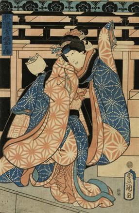  Utagawa Kunisada I (Toyokuni III)  (Edo, 1786 - 1865) : Nakamura Fukusuke I nel ruolo di Omiwa, figlia di Sugi il venditore di sak�.  - Auction Arte Antica, Moderna e Contemporanea [parte I] - Libreria Antiquaria Gonnelli - Casa d'Aste - Gonnelli Casa d'Aste