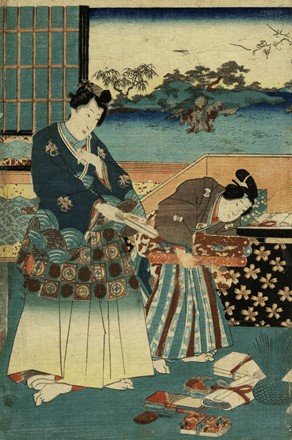  Utagawa Kunisada I (Toyokuni III)  (Edo, 1786 - 1865) : Nakamura Fukusuke I nel ruolo di Omiwa, figlia di Sugi il venditore di sak�.  - Auction Arte Antica, Moderna e Contemporanea [parte I] - Libreria Antiquaria Gonnelli - Casa d'Aste - Gonnelli Casa d'Aste
