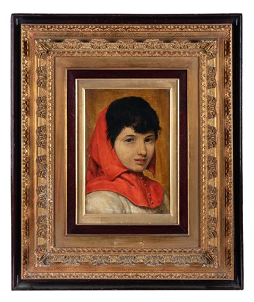  Silvestro Lega  (Modigliana, 1826 - Firenze, 1895) : Testina di bambino con cappuccio rosso.  Llewelyn Lloyd  (Livorno, 1879 - Firenze, 1949)  - Auction Arte Antica, Moderna e Contemporanea [parte II] - Libreria Antiquaria Gonnelli - Casa d'Aste - Gonnelli Casa d'Aste