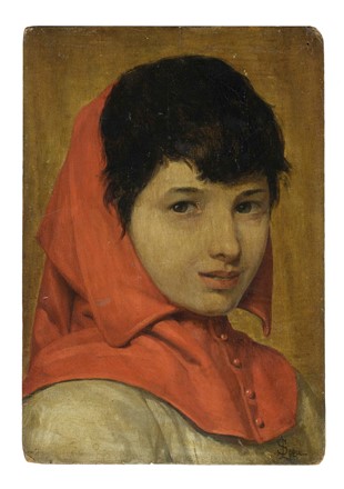  Silvestro Lega  (Modigliana, 1826 - Firenze, 1895) : Testina di bambino con cappuccio rosso.  Llewelyn Lloyd  (Livorno, 1879 - Firenze, 1949)  - Auction Arte Antica, Moderna e Contemporanea [parte II] - Libreria Antiquaria Gonnelli - Casa d'Aste - Gonnelli Casa d'Aste