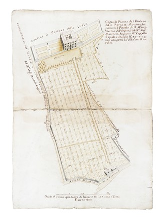  Cartografia, Geografia e viaggi : Copia della pianta de quattro uniti poderi, alla villa, del ill:mo Sig:re Marchese Scipione Maria Capponi, posta a montui nel Popolo di S: Marco Vecchio /...podere della Pietra/... podere della Villa/...podere del Fattoio e dell'Arte della lana.  - Auction Arte Antica, Moderna e Contemporanea [parte I] - Libreria Antiquaria Gonnelli - Casa d'Aste - Gonnelli Casa d'Aste