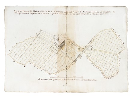  Cartografia, Geografia e viaggi : Copia della pianta de quattro uniti poderi, alla villa, del ill:mo Sig:re Marchese Scipione Maria Capponi, posta a montui nel Popolo di S: Marco Vecchio /...podere della Pietra/... podere della Villa/...podere del Fattoio e dell'Arte della lana.  - Auction Arte Antica, Moderna e Contemporanea [parte I] - Libreria Antiquaria Gonnelli - Casa d'Aste - Gonnelli Casa d'Aste