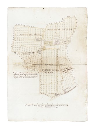  Cartografia, Geografia e viaggi : Copia della pianta de quattro uniti poderi, alla villa, del ill:mo Sig:re Marchese Scipione Maria Capponi, posta a montui nel Popolo di S: Marco Vecchio /...podere della Pietra/... podere della Villa/...podere del Fattoio e dell'Arte della lana.  - Auction Arte Antica, Moderna e Contemporanea [parte I] - Libreria Antiquaria Gonnelli - Casa d'Aste - Gonnelli Casa d'Aste