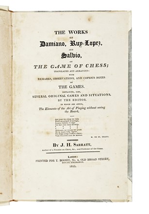  Sarratt Jacob Henry : The works of Damiano, Ruy-Lopez and Salvio, on the game of chess... Scacchi, Altri sport - giochi e passatempi, Feste - Folklore - Giochi - Sport, Feste - Folklore - Giochi - Sport  - Auction Libri, Autografi e Manoscritti - Libreria Antiquaria Gonnelli - Casa d'Aste - Gonnelli Casa d'Aste