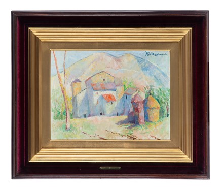  Edoardo Gordigiani  (Firenze, 1866 - Popolano di Marradi, 1961) : Paesaggio con case e covoni.  - Asta Arte Antica, Moderna e Contemporanea [parte II] - Libreria Antiquaria Gonnelli - Casa d'Aste - Gonnelli Casa d'Aste